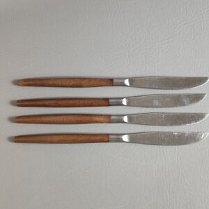 Ekco Eterna Canoe Muffin Dinner Knives 4 Wood Stainless Flatware Japan MCM